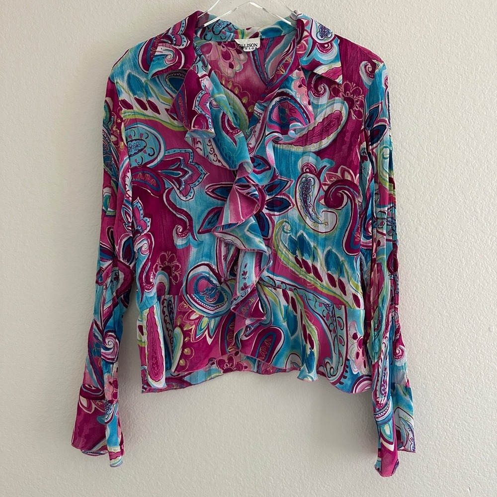 Alison Taylor Blouse Womens M Pink Blue Paisley Ruffle Peplum LS Vintage Y2K